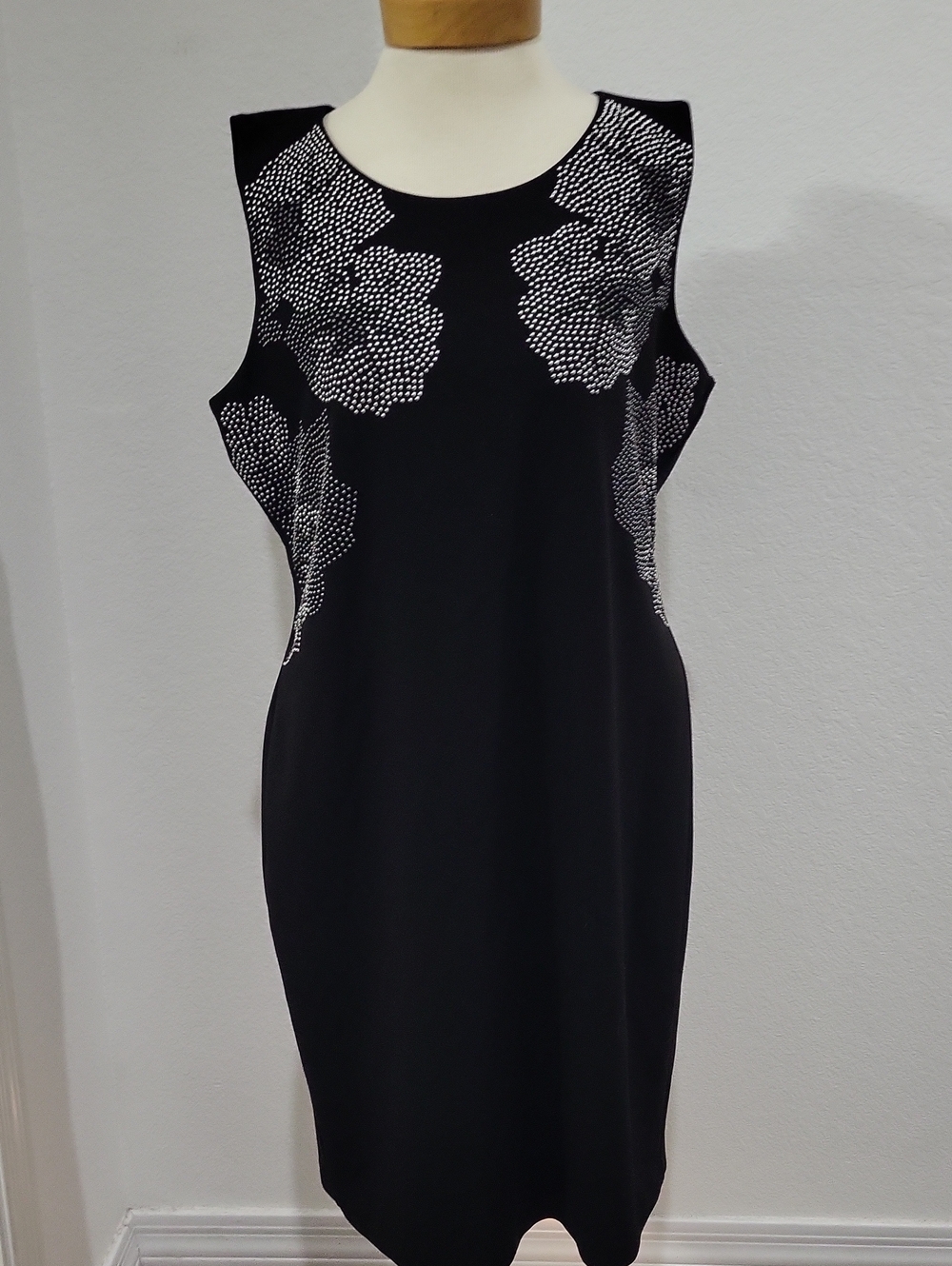 Calvin Klein Black Sleeveless Sheath Dress with White Floral Dot Detail